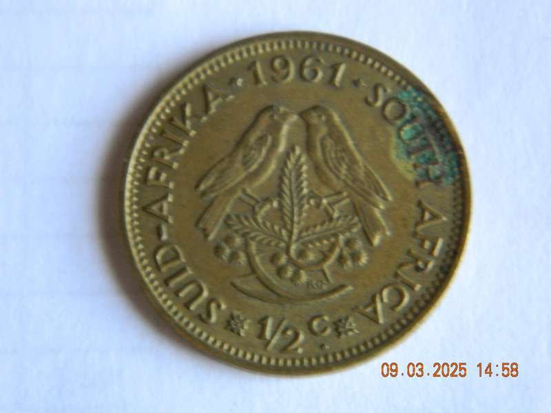 REPUBLIC OF SOUTH AFRICA.     1/2  CENT COIN  -  1961