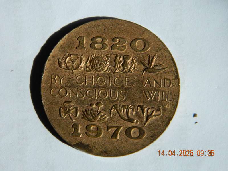 UNION OF SOUTH AFRICA.     -   REMEMBRANCE COIN  -  1820 SETTLERS TO SOUTHERN AFRICA  -  1970