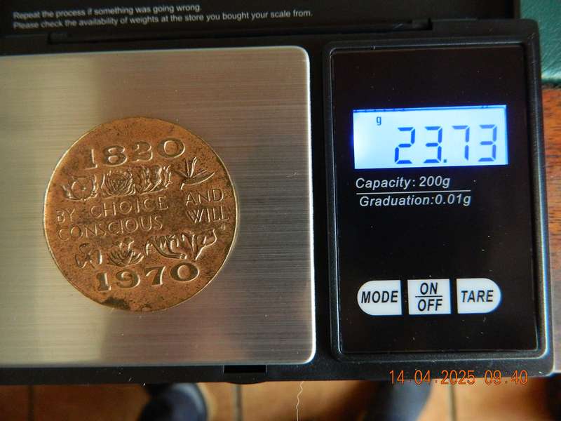 UNION OF SOUTH AFRICA.     -   REMEMBRANCE COIN  -  1820 SETTLERS TO SOUTHERN AFRICA  -  1970