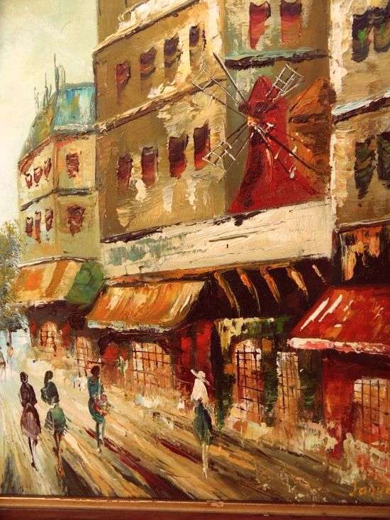 PARIS STREET SCENE WITH MOULIN ROUGE ORIGINAL OIL PAINTING SIGNED BY ARTIST
