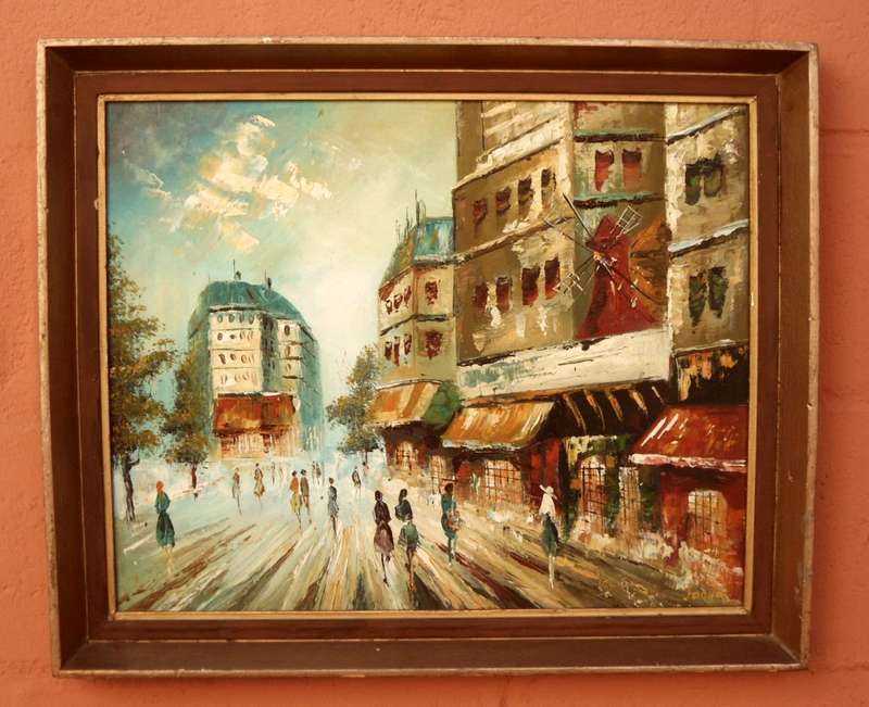 PARIS STREET SCENE WITH MOULIN ROUGE ORIGINAL OIL PAINTING SIGNED BY ARTIST