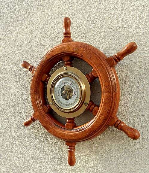 SHIPS WHEEL BAROMETER, BARIGO, WESTERN GERMANY, EXCELLENT AND WORKING, DIAMETER 31,5 cm