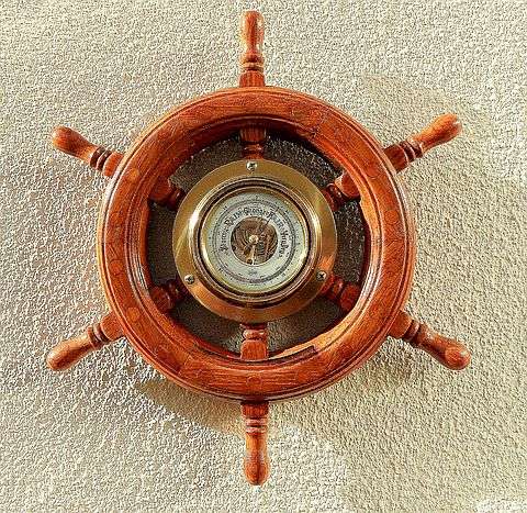 SHIPS WHEEL BAROMETER, BARIGO, WESTERN GERMANY, EXCELLENT AND WORKING, DIAMETER 31,5 cm