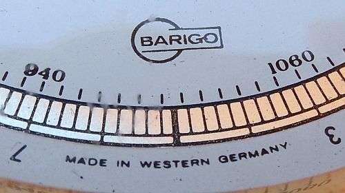 SHIPS WHEEL BAROMETER, BARIGO, WESTERN GERMANY, EXCELLENT AND WORKING, DIAMETER 31,5 cm