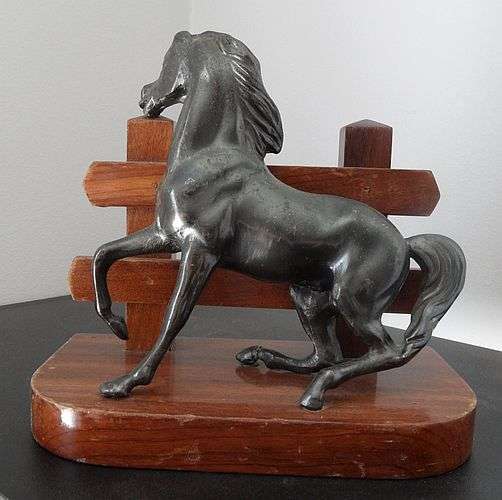 BRONZE HORSE WITH PADDOCK , ONE PART OF BOOKENDS