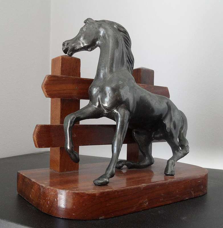 BRONZE HORSE WITH PADDOCK , ONE PART OF BOOKENDS
