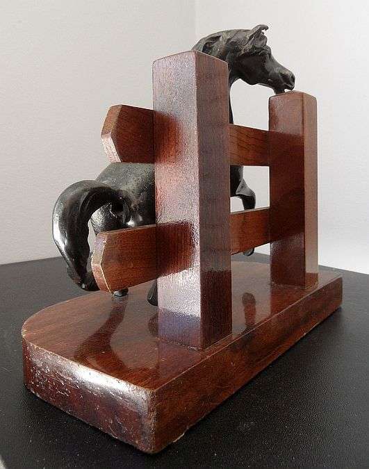 BRONZE HORSE WITH PADDOCK , ONE PART OF BOOKENDS