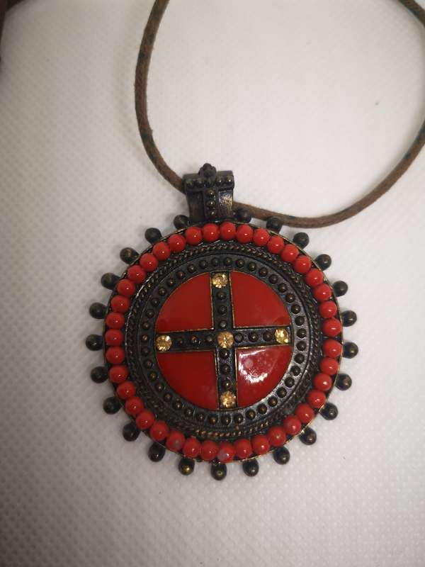 Cross and Leather Strap Necklace (Red and Brown)