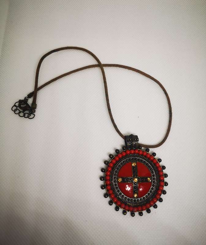 Cross and Leather Strap Necklace (Red and Brown)