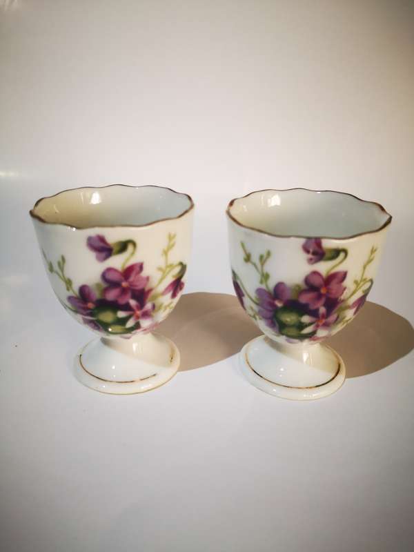 Vintage Egg Cups with Purple Flowers (2pc)