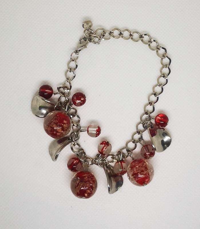 Silvery Bracelet with red glass beads