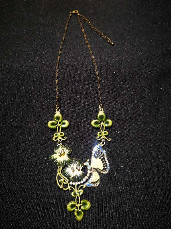 Vintage Metal Necklace with Green Leaves and Blue Butterfly