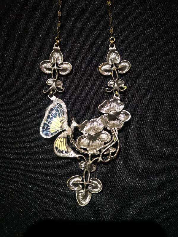 Vintage Metal Necklace with Green Leaves and Blue Butterfly