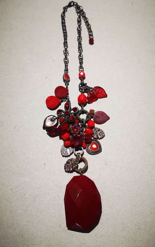 Vintage Metal Necklace with Red Beads and Big Red Pendant