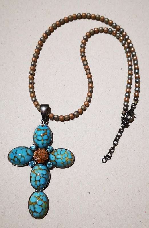 Vintage Turquoise-look Cross with gold and silver beads