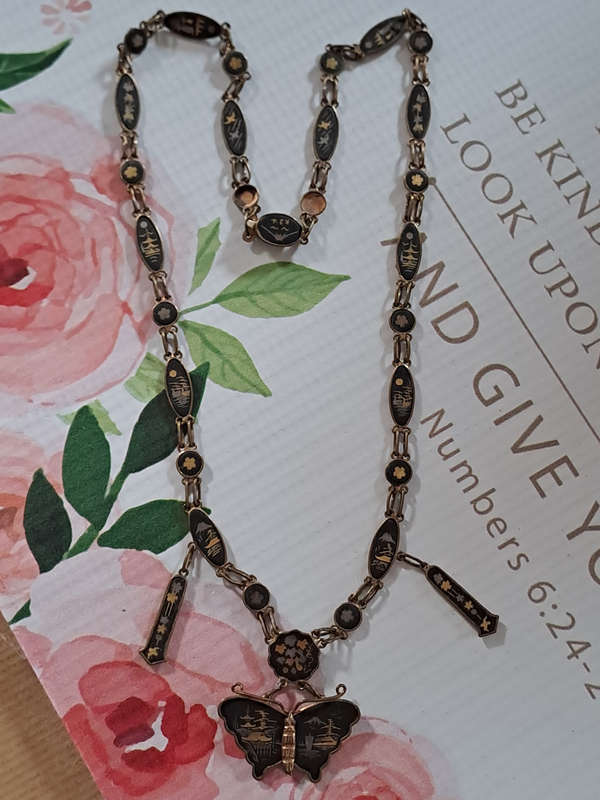 Vintage 1930/1940's Japan Damascene 24k gold plate butterfly necklace STUNNING