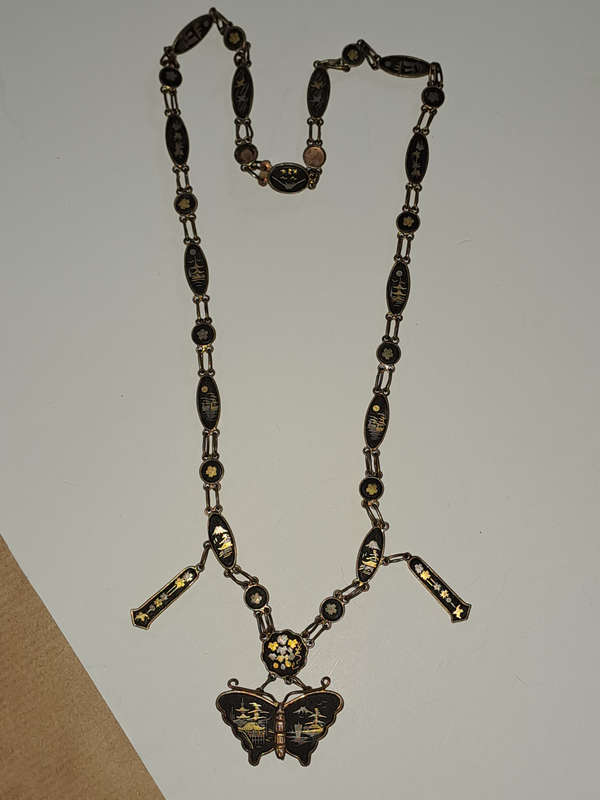 Vintage 1930/1940's Japan Damascene 24k gold plate butterfly necklace STUNNING