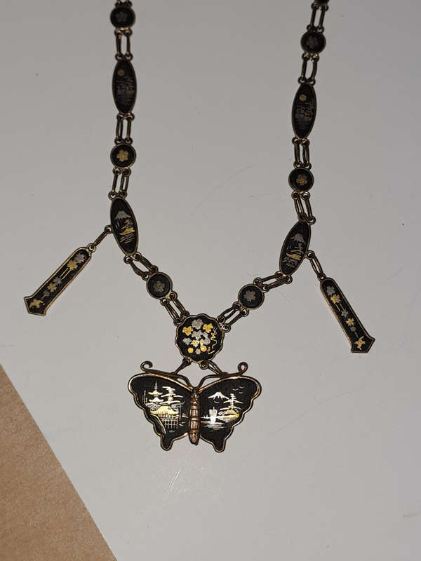 Vintage 1930/1940's Japan Damascene 24k gold plate butterfly necklace STUNNING
