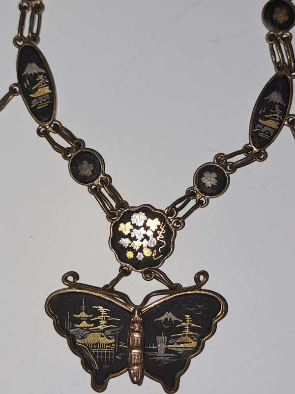 Vintage 1930/1940's Japan Damascene 24k gold plate butterfly necklace STUNNING