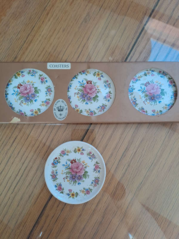 Beautiful unused Crown Decor hand decorated ceramic coasters