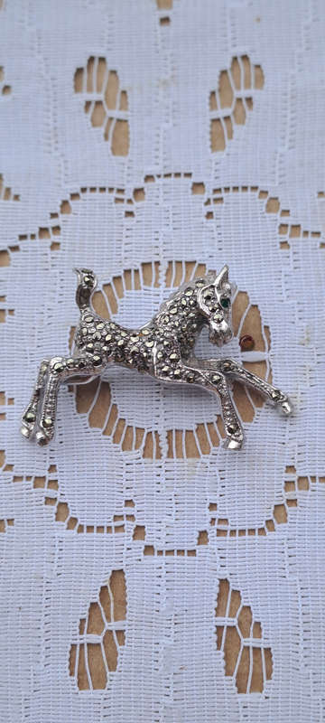 Beautiful BJL Foal, green rhinestone filled marcasite silver T brooch