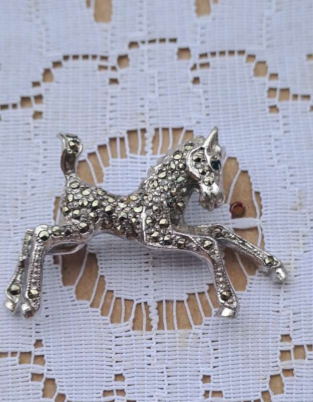 Beautiful BJL Foal, green rhinestone filled marcasite silver T brooch