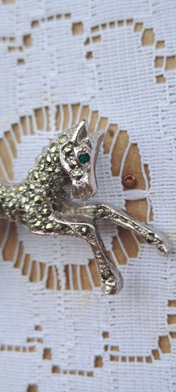 Beautiful BJL Foal, green rhinestone filled marcasite silver T brooch