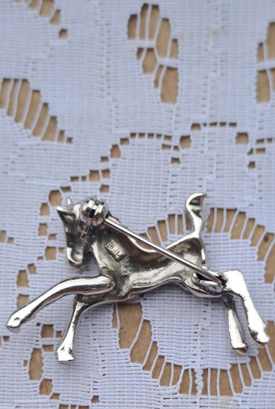 Beautiful BJL Foal, green rhinestone filled marcasite silver T brooch