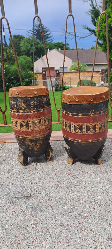 Traditional African wood and hide bongo drum pair