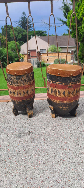 Traditional African wood and hide bongo drum pair