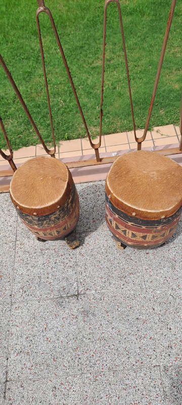 Traditional African wood and hide bongo drum pair
