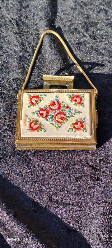 Beautiful Petit Point Kigu England compact mirror cigarette and lipstick holder purse