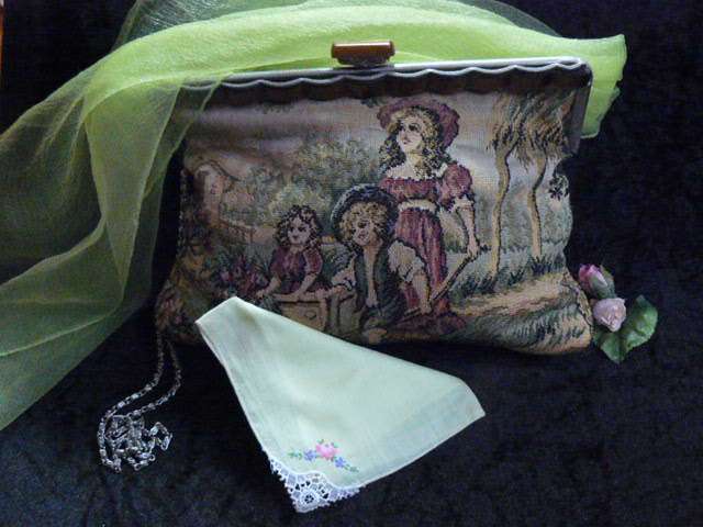 MOST STUNNING VINTAGE TAPESTRIE BAG WITH VINTAGE EMBROIDERED HANKIE AND SCRAVE