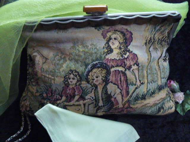 MOST STUNNING VINTAGE TAPESTRIE BAG WITH VINTAGE EMBROIDERED HANKIE AND SCRAVE