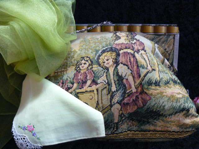MOST STUNNING VINTAGE TAPESTRIE BAG WITH VINTAGE EMBROIDERED HANKIE AND SCRAVE