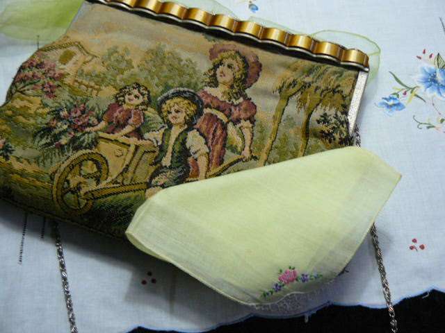 MOST STUNNING VINTAGE TAPESTRIE BAG WITH VINTAGE EMBROIDERED HANKIE AND SCRAVE