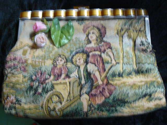 MOST STUNNING VINTAGE TAPESTRIE BAG WITH VINTAGE EMBROIDERED HANKIE AND SCRAVE
