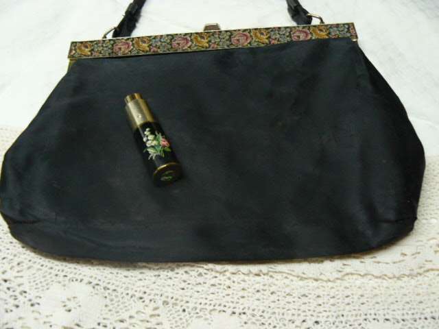 BLACK SATIN PETIT POINT BAG VINTAGE WITH EXTRAS!!!!!!!!!!! AND FREE GIFT