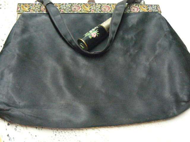 BLACK SATIN PETIT POINT BAG VINTAGE WITH EXTRAS!!!!!!!!!!! AND FREE GIFT
