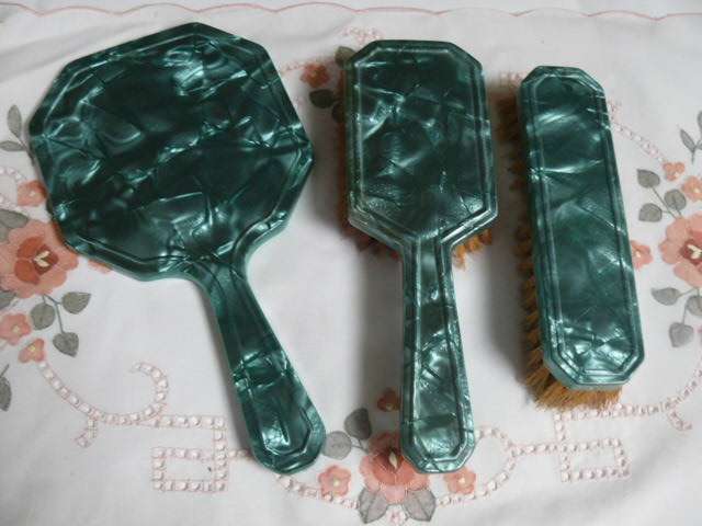 VERY ART DECO VANITY SET, MIRROR, BRUSH PLASTIC WITH MOTHER OF PEARL EFFECT,