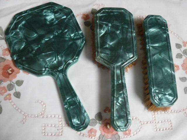 VERY ART DECO VANITY SET, MIRROR, BRUSH PLASTIC WITH MOTHER OF PEARL EFFECT,
