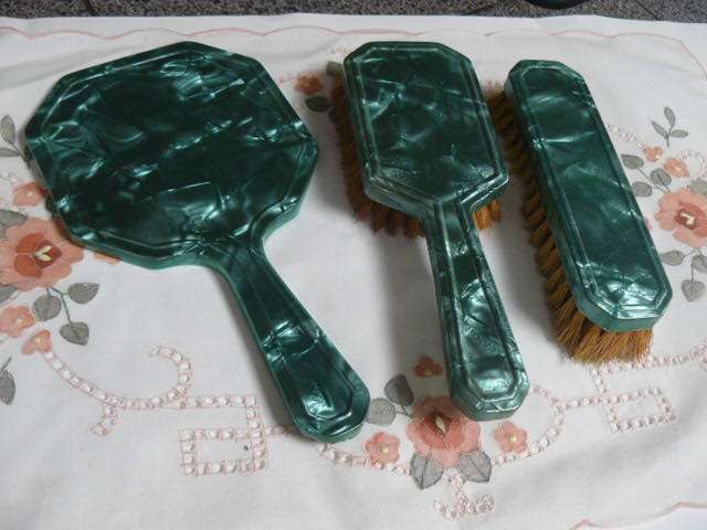 VERY ART DECO VANITY SET, MIRROR, BRUSH PLASTIC WITH MOTHER OF PEARL EFFECT,
