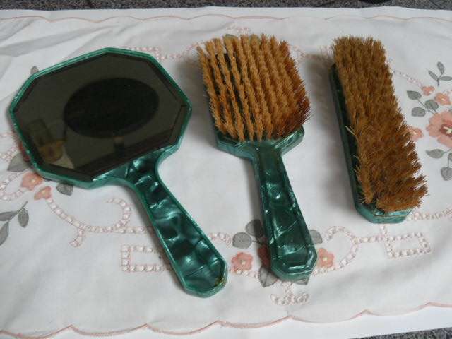 VERY ART DECO VANITY SET, MIRROR, BRUSH PLASTIC WITH MOTHER OF PEARL EFFECT,