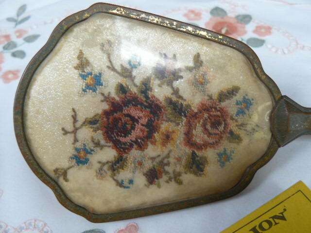PETIT POINT VANITY VINTAGE HAND MIRROR
