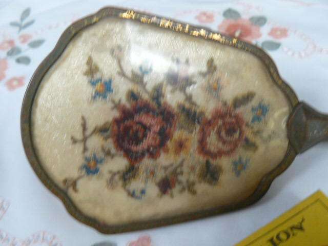 PETIT POINT VANITY VINTAGE HAND MIRROR