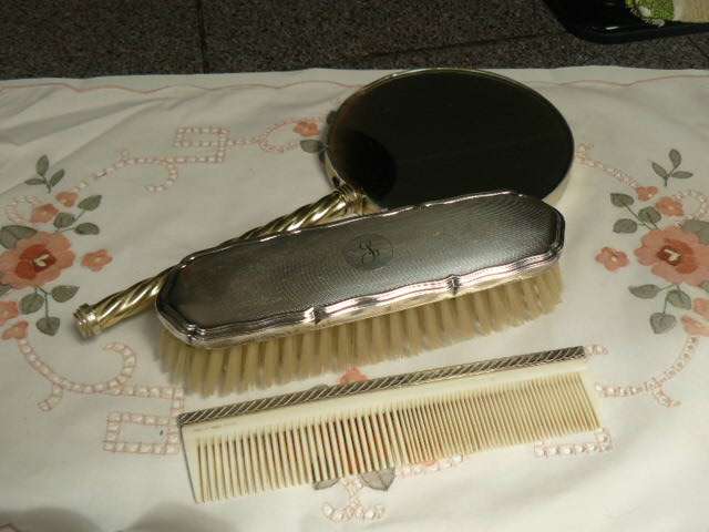 VINTAGE VANITY BRUSH SET, BRUSH IS STAMPED, MIRROR AN COMB