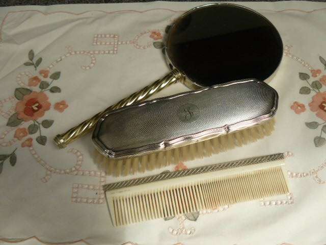 VINTAGE VANITY BRUSH SET, BRUSH IS STAMPED, MIRROR AN COMB