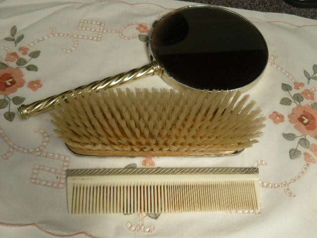 VINTAGE VANITY BRUSH SET, BRUSH IS STAMPED, MIRROR AN COMB