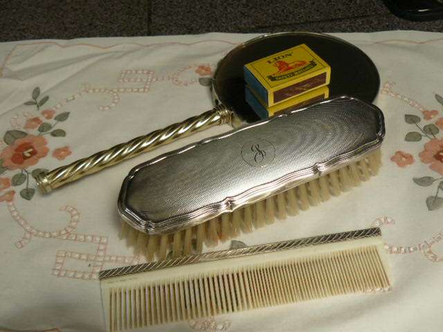VINTAGE VANITY BRUSH SET, BRUSH IS STAMPED, MIRROR AN COMB