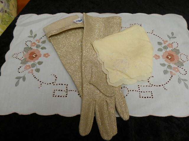 VINTAGE COTTON EMBROIDERED HANKIE...VRTY DELICATE ANF EMBROIDERED AMD A PAIR OF GOLD GLOVES